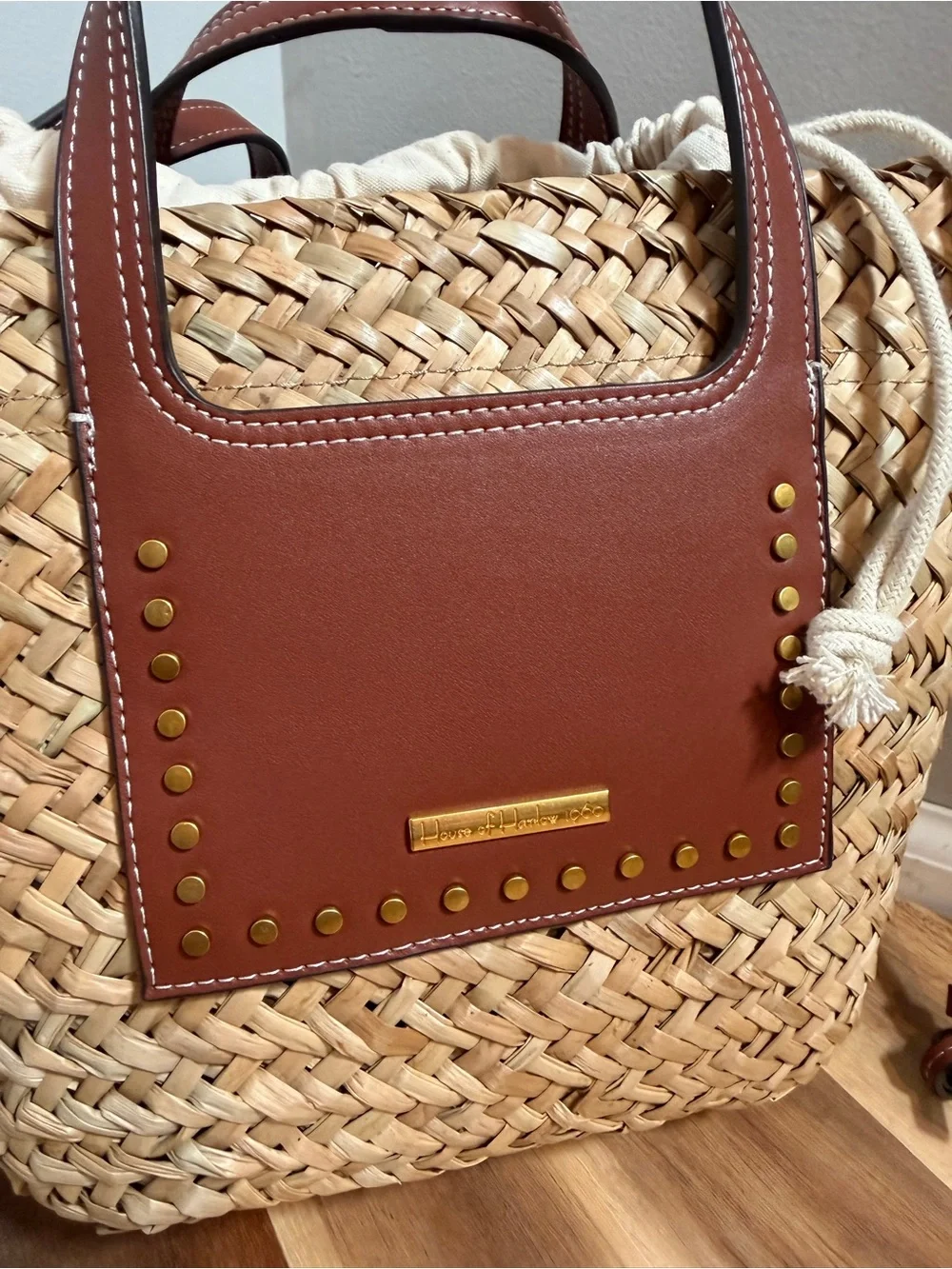 House of Harlow 1960 Woven Straw Basket Bag Brown Leather Studded Crossbody Tote